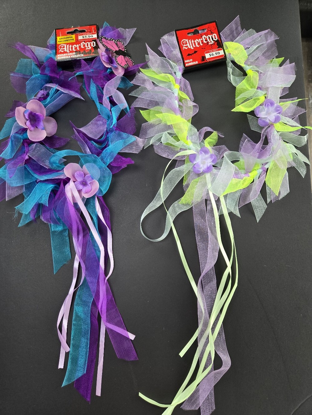 Floral Ribbon Leis - Purple/Teal and Lavender/Neon Green